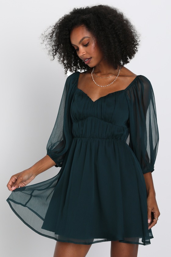 Vivacious Arrival Emerald Chiffon Balloon Sleeve Mini Dress