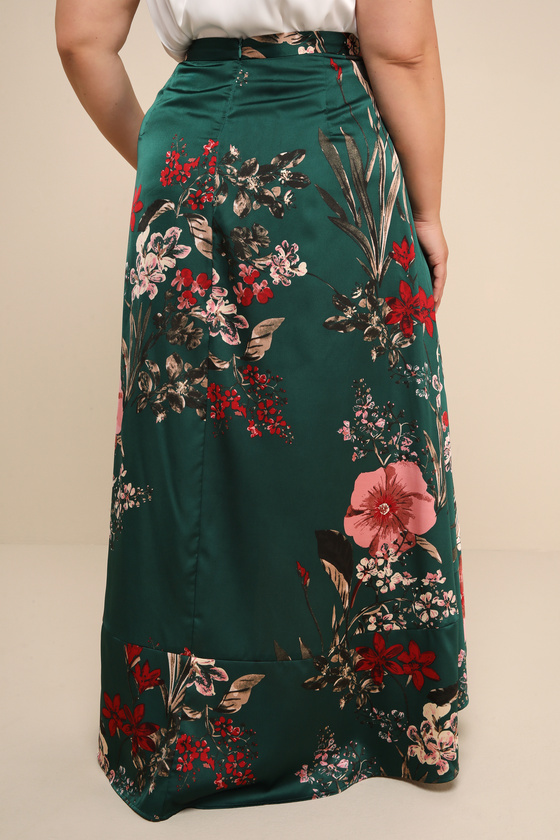 Superbly Stunning Emerald Green Floral Print Satin Maxi Skirt
