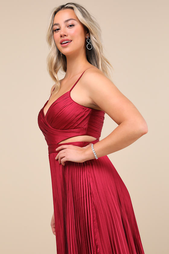 Got the Glam Wine Red Pleated Cutout Maxi Dress