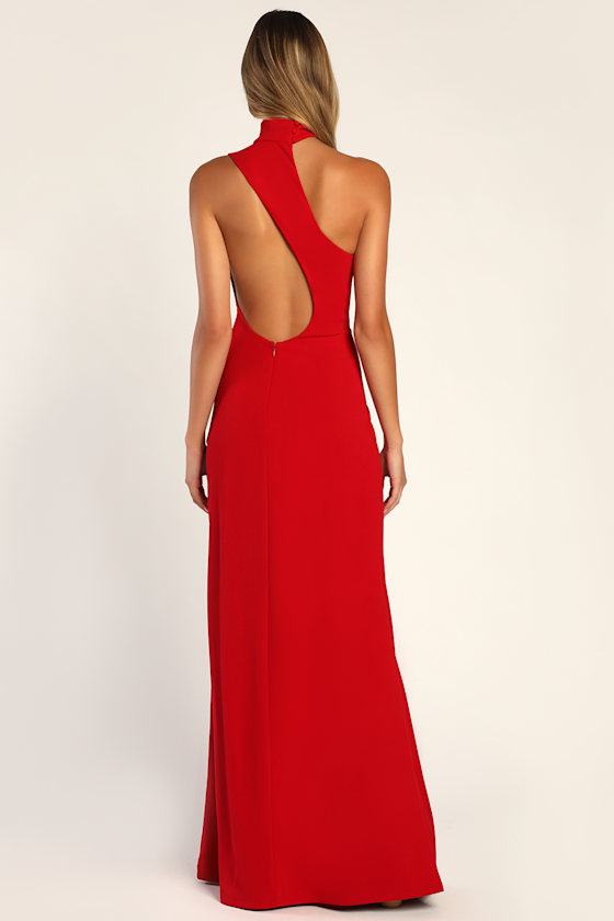 Keep It Interesting Red Asymmetrical Cutout Halter Maxi Dress