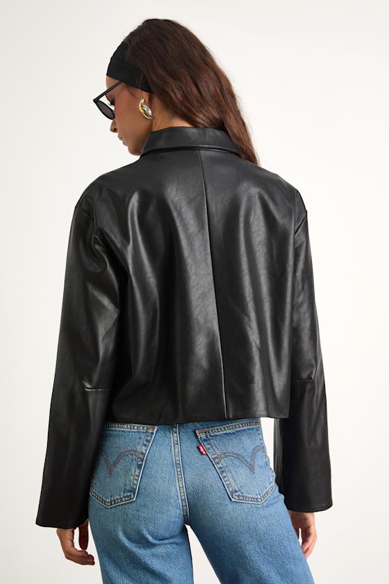 Mariely Black Vegan Leather Button-Front Cropped Jacket