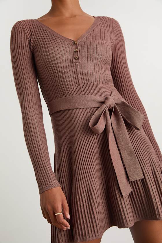 Cozy Poise Heather Brown Henley Long Sleeve Mini Sweater Dress