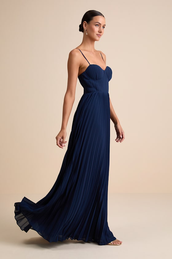 Admirable Elegance Navy Pleated Bustier Maxi Dress