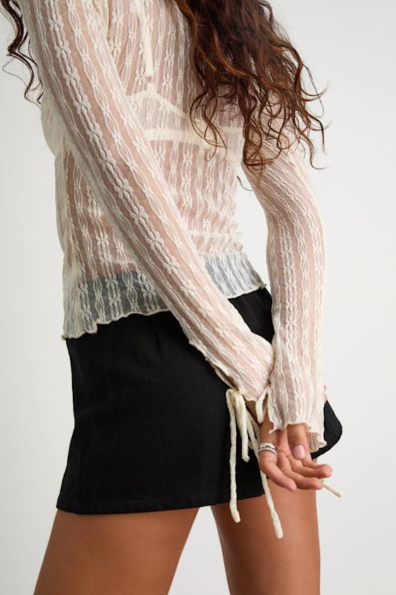 Lindley Cream Sheer Lace Ruffled Long Sleeve Top