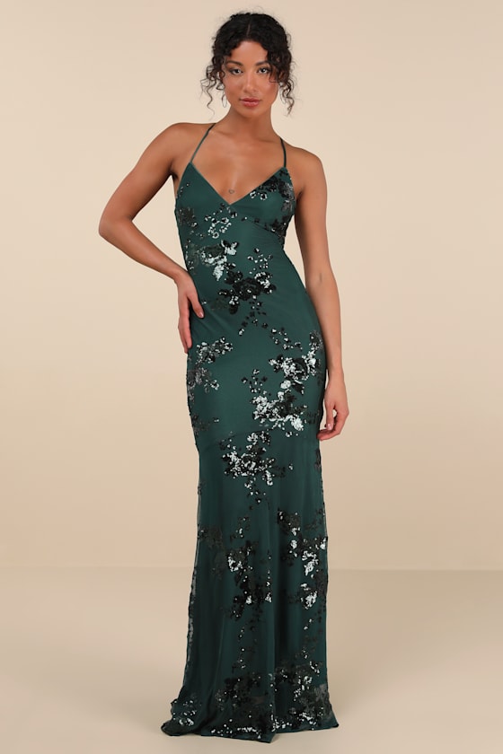 Valhalla Forest Green Sequin Lace-Up Maxi Dress