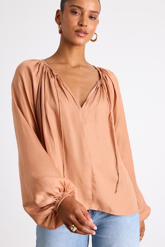 Hestia Tan Gathered Balloon Sleeve Top