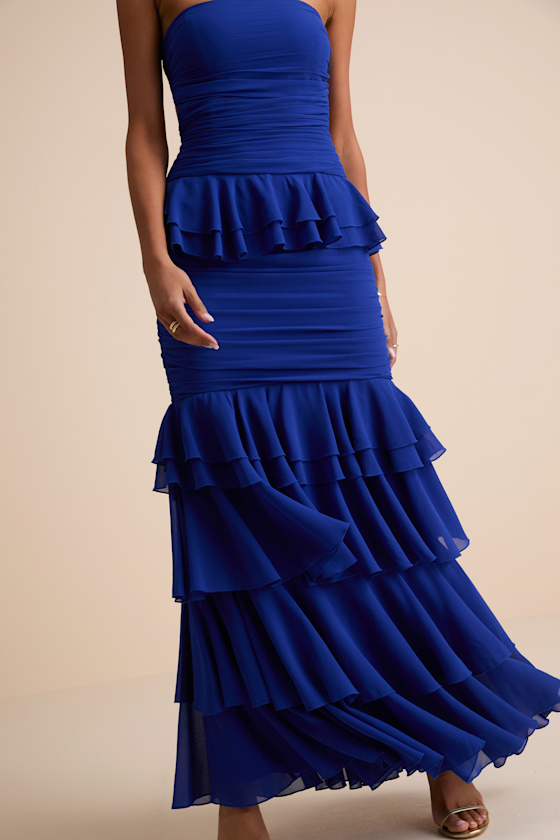 Loni Blue Strapless Ruffled Maxi Dress