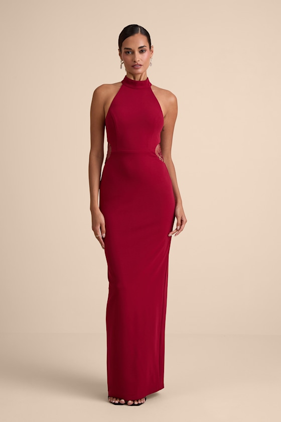 Vira Red Mock Neck Lace Cutout Maxi Dress