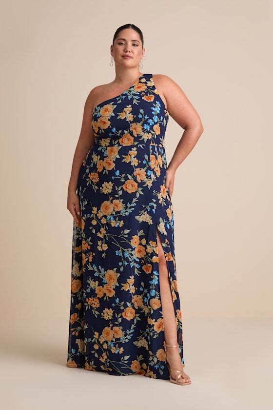 Elegant Admiration Navy Blue Floral One-Shoulder Maxi Dress