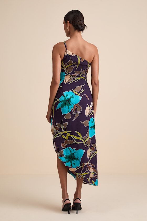 Elzina Plum Floral Satin Asymmetrical Midi Dress