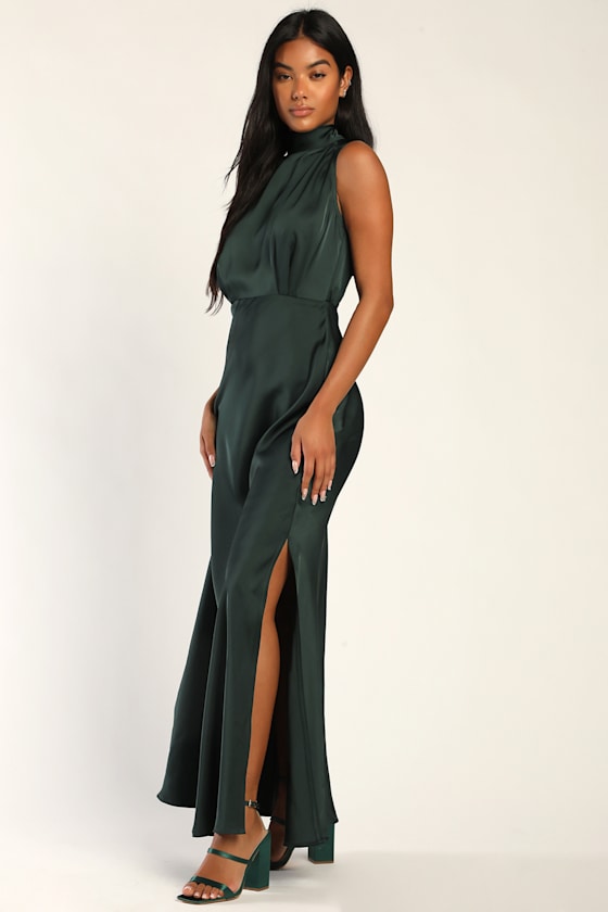 Classic Elegance Green Satin Sleeveless Mock Neck Maxi Dress