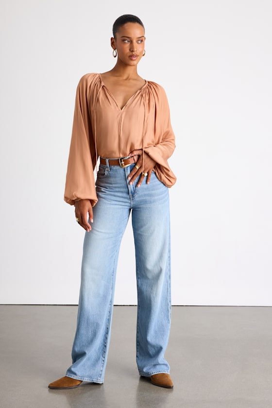 Hestia Tan Gathered Balloon Sleeve Top