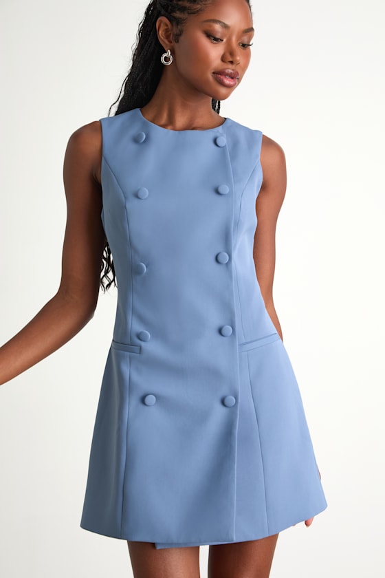 Adelie Dusty Blue Double Breasted Sleeveless Mini Dress
