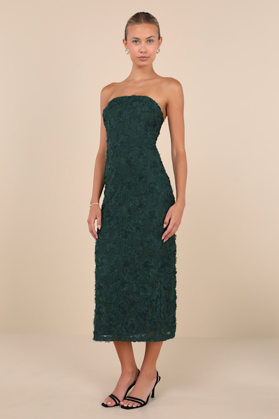 Flawless Perfection Emerald Floral Applique Strapless Midi Dress