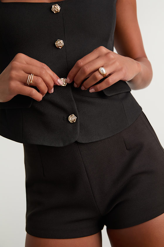 Azora Black Button-Front Cap Sleeve Top