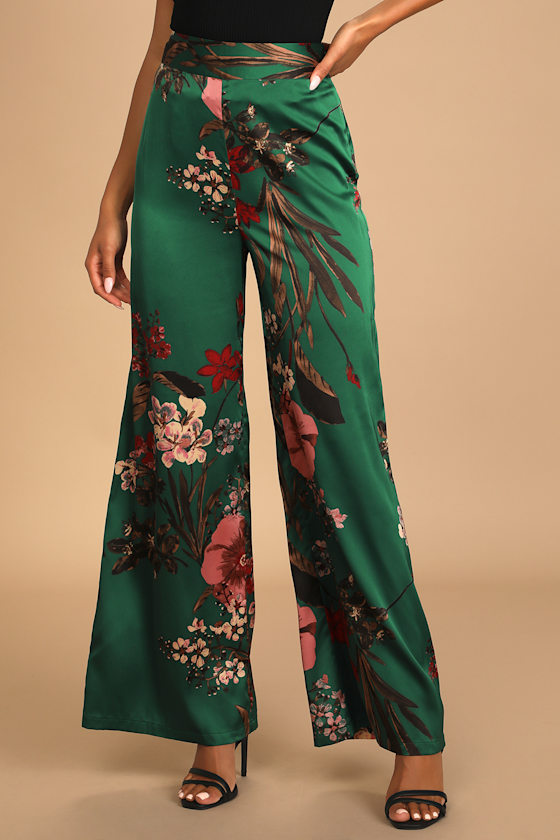 Thriving Vibes Green Floral Print Satin Wide-Leg Pants