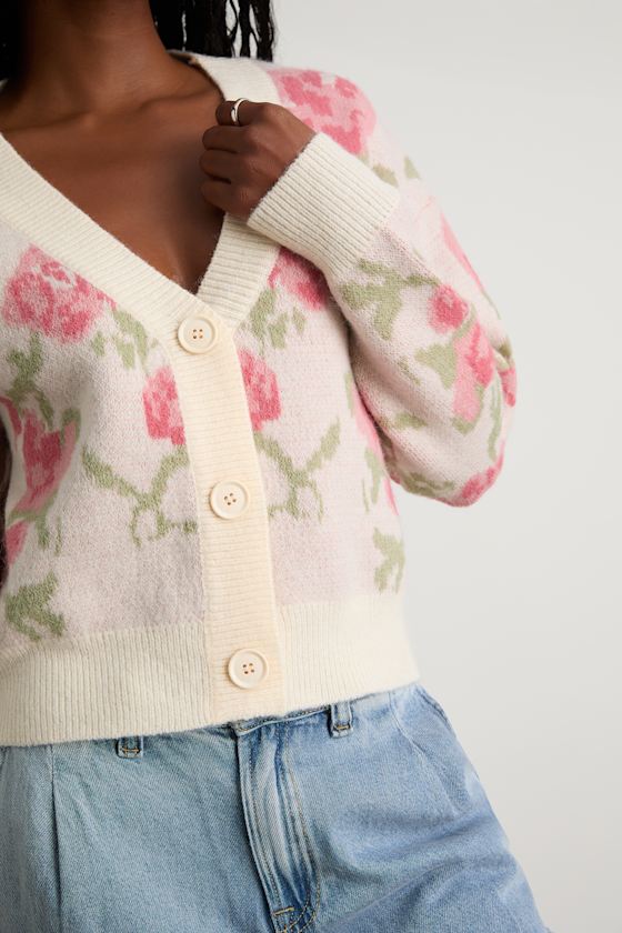 Wylenna Cream and Blush Floral Cropped Cardigan Sweater