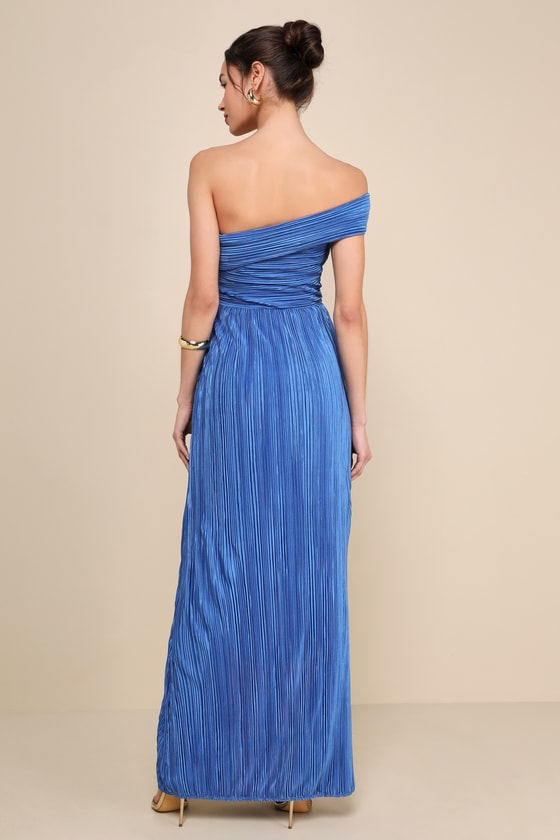 Poised Performance Blue Plisse One-Shoulder Maxi Dress