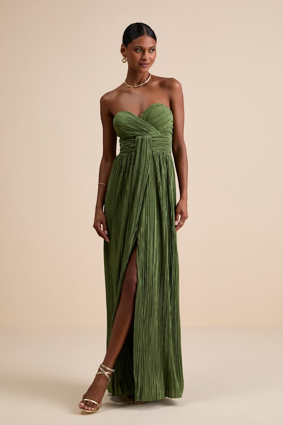 Oswin Olive Green Satin Plisse Strapless Maxi Dress