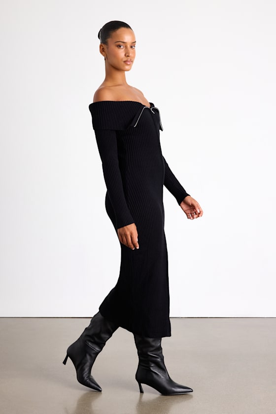Trendy Aura Black Off-the-Shoulder Zip-Front Sweater Dress