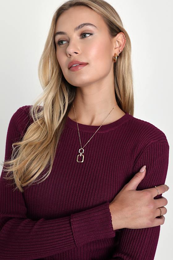 Karlee Plum Purple Ribbed Knit Long Sleeve Sweater Top