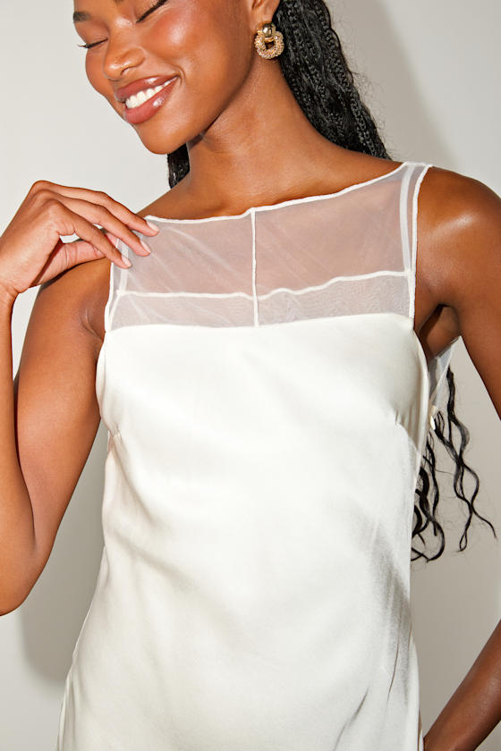 Ilhanna Ivory Satin Boat Neck Shift Mini Dress