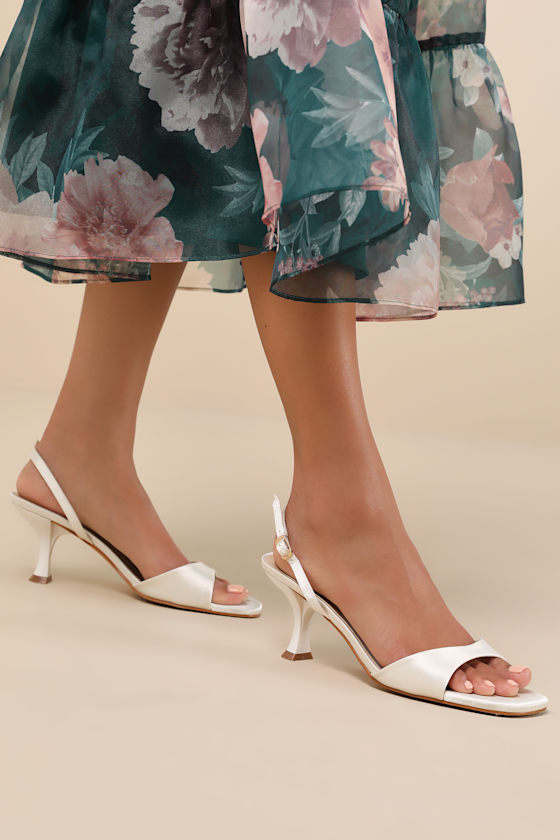 Soline White Satin Slingback Low Heel Sandals