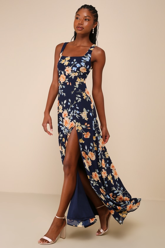 Remarkable Arrival Navy Blue Floral Sleeveless Maxi Dress