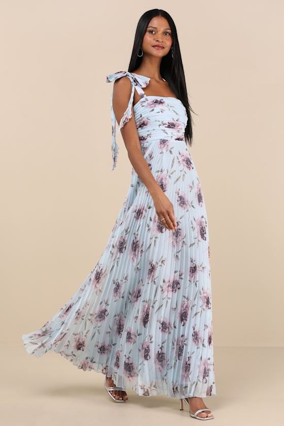 Gorgeous Purpose Blue Floral Pleated Sleeveless Bow Maxi Dress