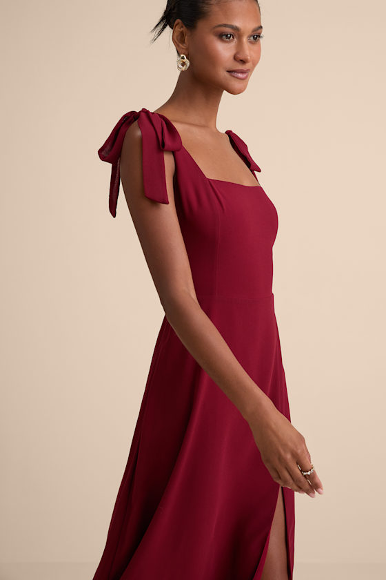 Summer Invite Wine Red Tie-Strap Tiered Midi Dress