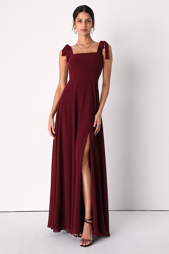 Love Me Forever Burgundy Tie-Strap Square Neck Maxi Dress