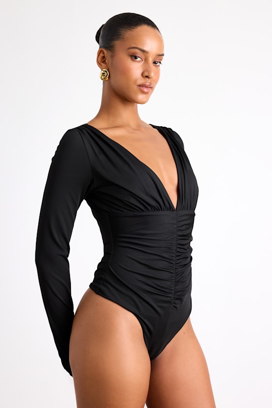 Naiari Black Slinky Knit Ruched Long Sleeve Bodysuit