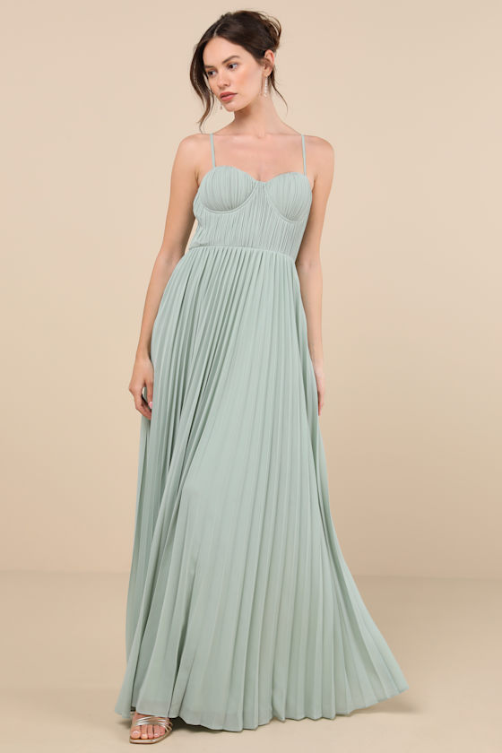 Admirable Elegance Sage Green Pleated Bustier Maxi Dress