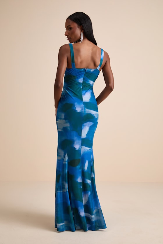 Zemina Blue Abstract Godet Pleated Mermaid Maxi Dress