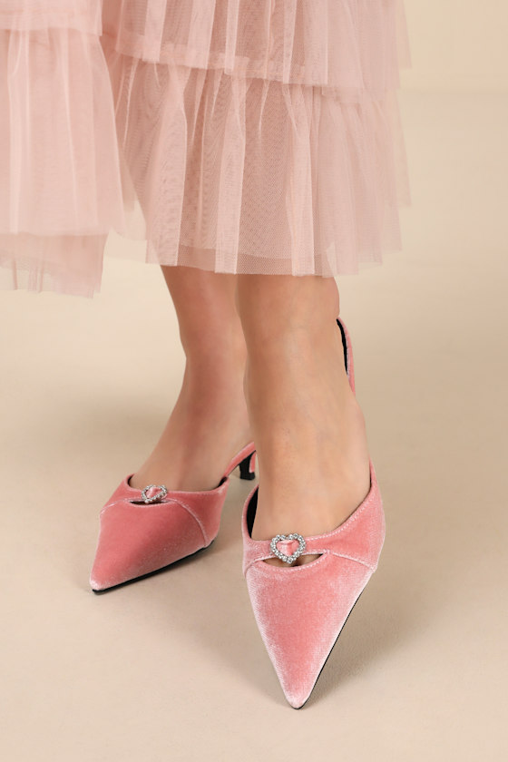Ambersen Dusty Rose Velvet Pointed-Toe Kitten Heel Pumps