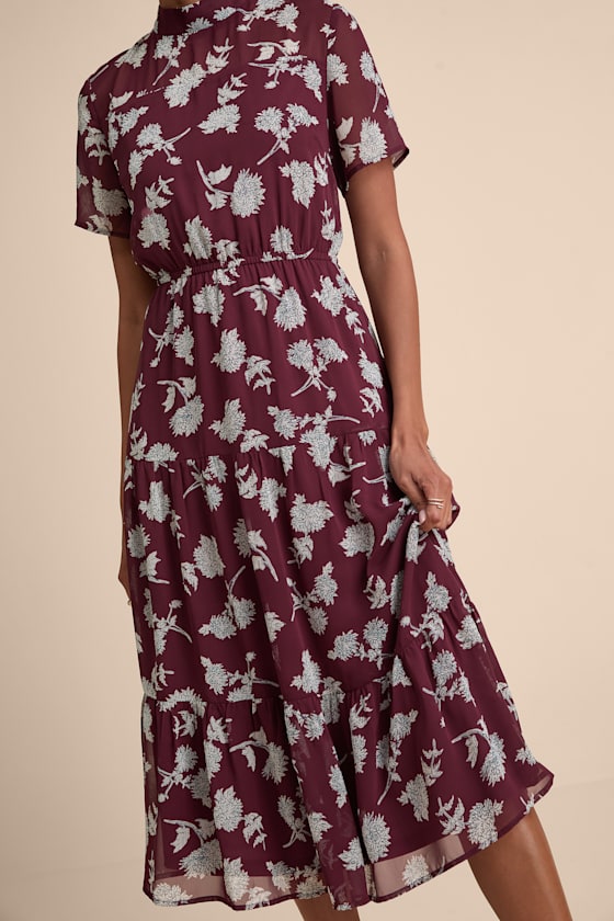 Floral Dressed Up Burgundy Floral Print Midi Dress