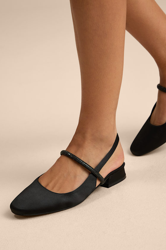 Clea Black Satin Rhinestone Slingback Flats