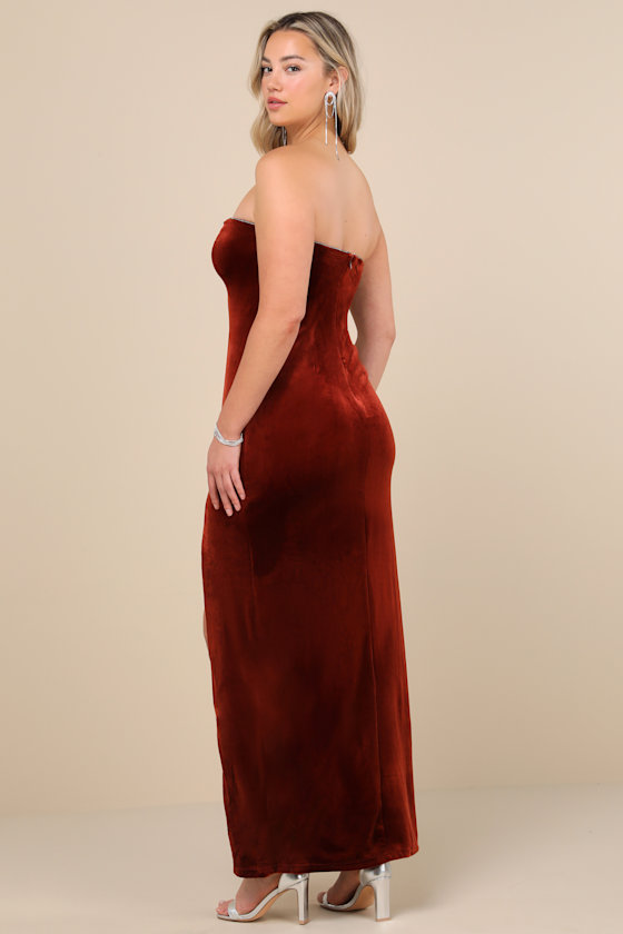 Elegant Success Rust Velvet Rhinestone Strapless Maxi Dress