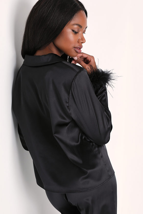 Dreamiest Delight Black Satin Feather Two-Piece Pajama Set