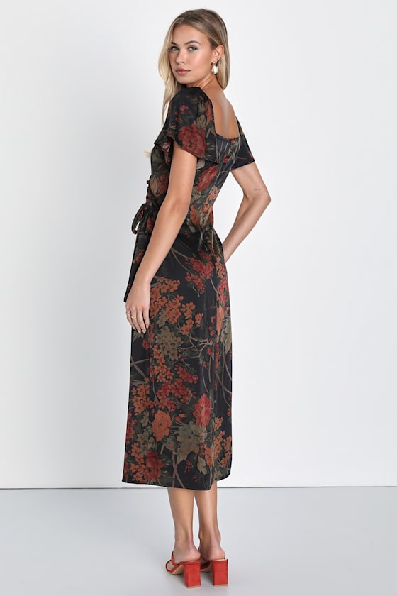 Subtle Elegance Black Floral Print Faux Wrap Midi Dress