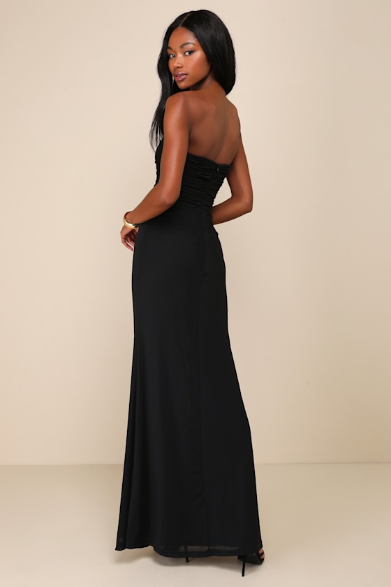 Epitome of Allure Black Mesh Strapless Ruched Maxi Dress