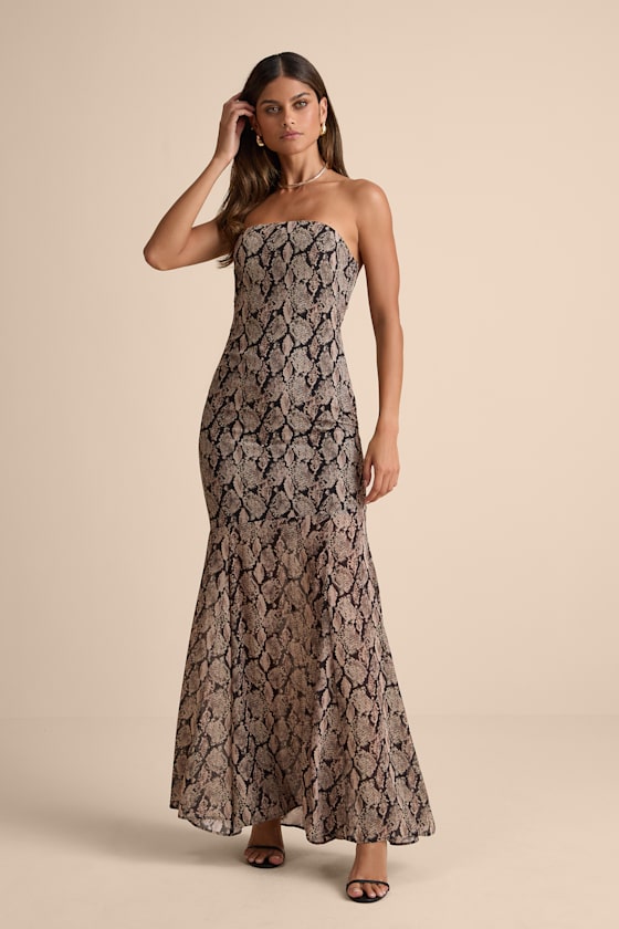 Cherette Brown Snake Print Strapless Maxi Dress