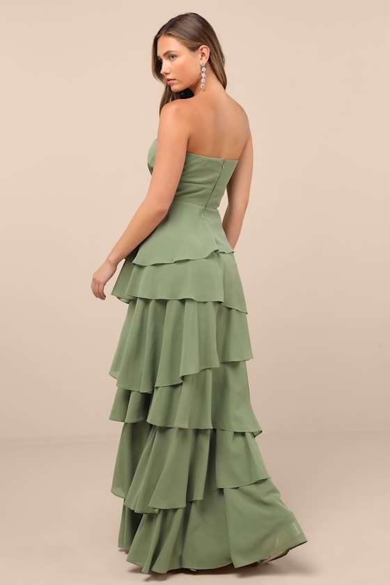 Gorgeous Essence Sage Strapless Tiered Maxi Dress