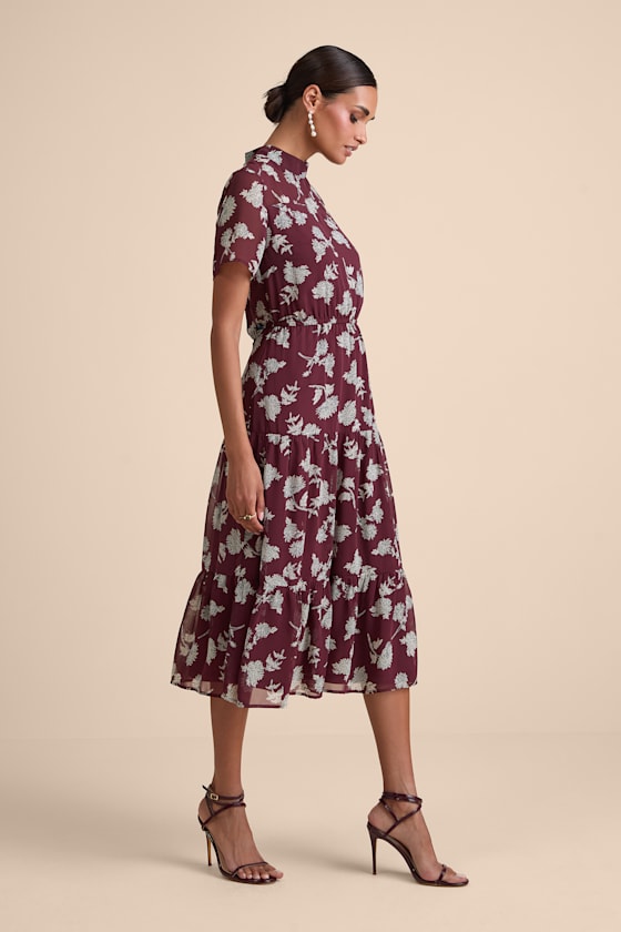 Floral Dressed Up Burgundy Floral Print Midi Dress