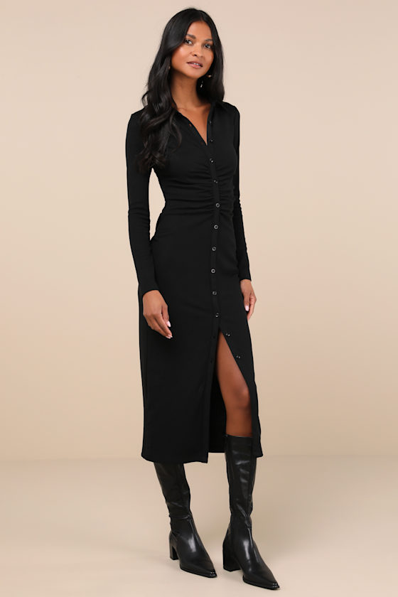 A Little Prep Black Button-Up Bodycon Midi Dress