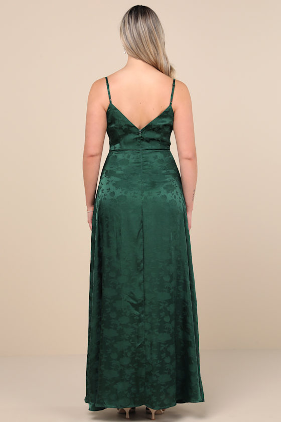 Simply Dreamy Emerald Green Satin Floral Jacquard Maxi Dress