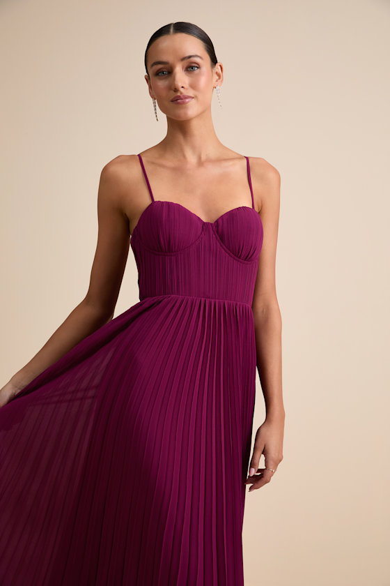 Admirable Elegance Plum Pleated Bustier Maxi Dress