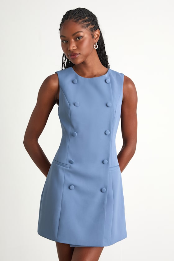 Adelie Dusty Blue Double Breasted Sleeveless Mini Dress