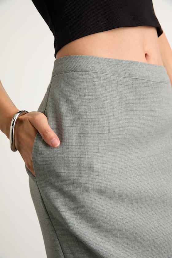 Halena Light Grey Plaid High-Rise Column Midi Skirt