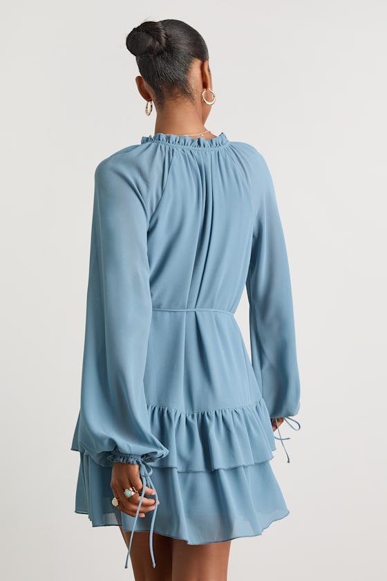 Allirah Light Blue Ruffled Long Sleeve Mini Dress